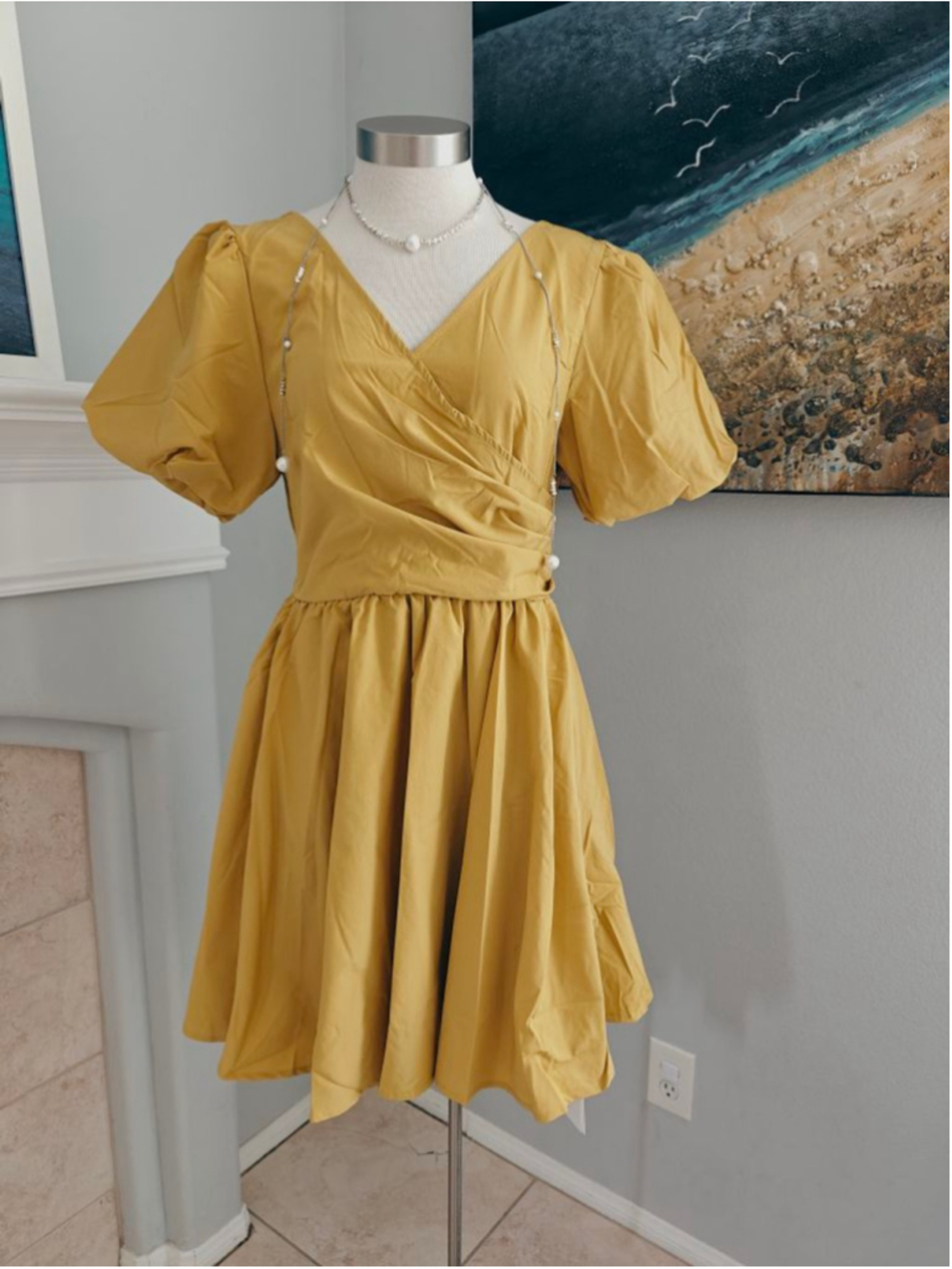 Women's Yellow Mini Dress with Puff Sleeves